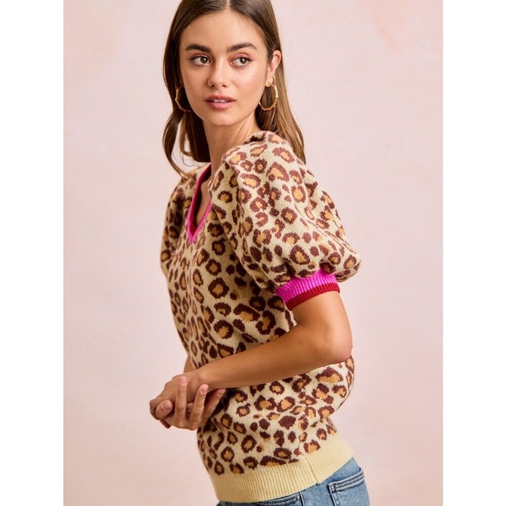 BiBi Leopard Pattern Puff Sleeve V-neck Sweater Top sz Medium